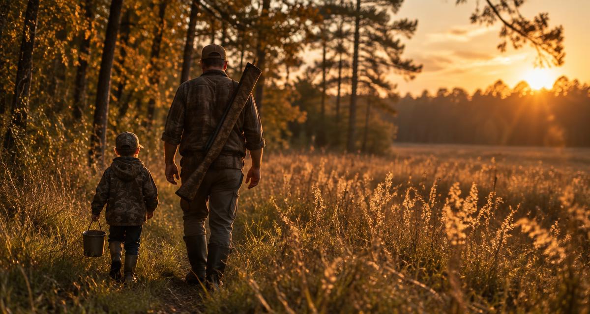 A dad and his kid walking a field edge at golden hour