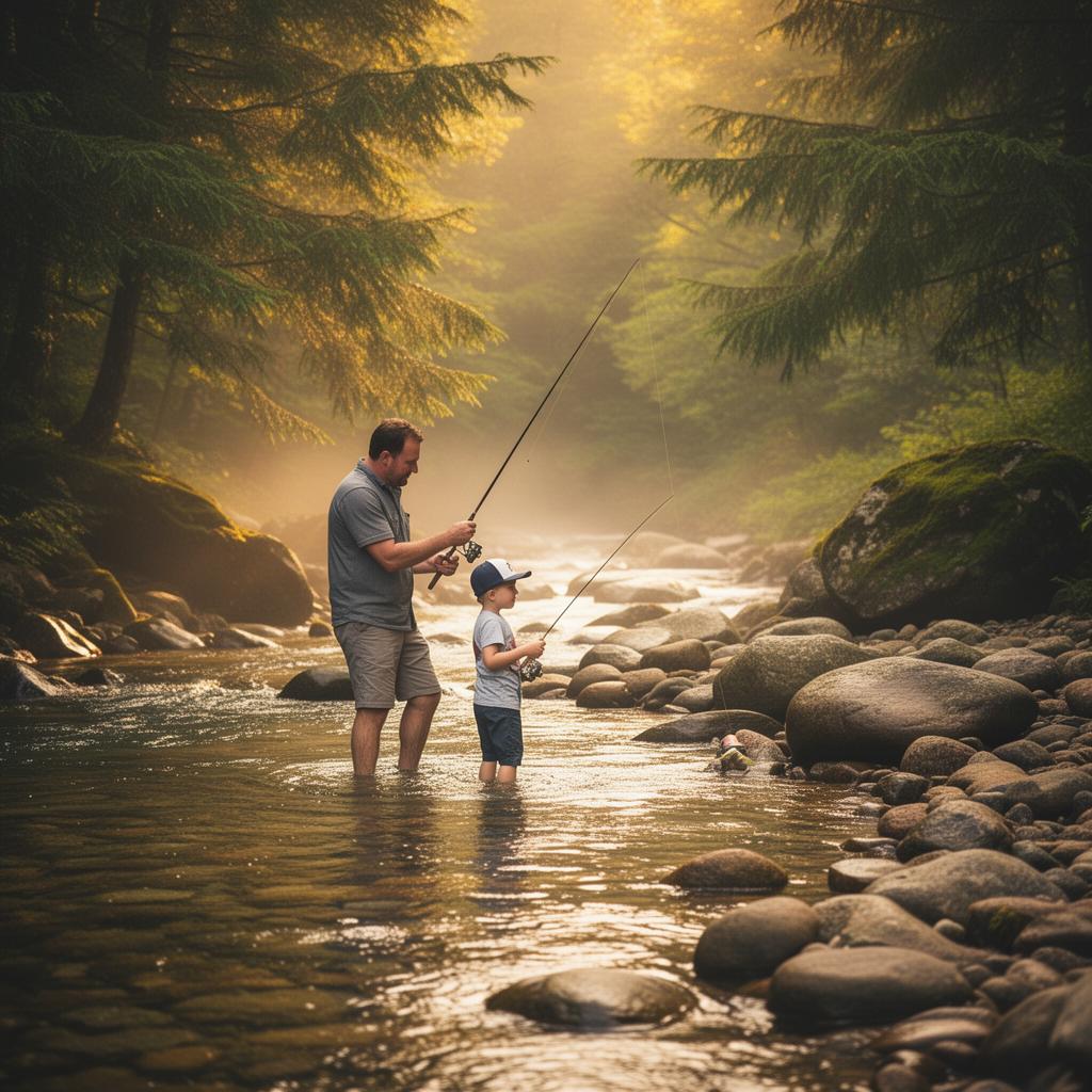 Dad and kid fly fishing in a Blue Ridge mountain creek